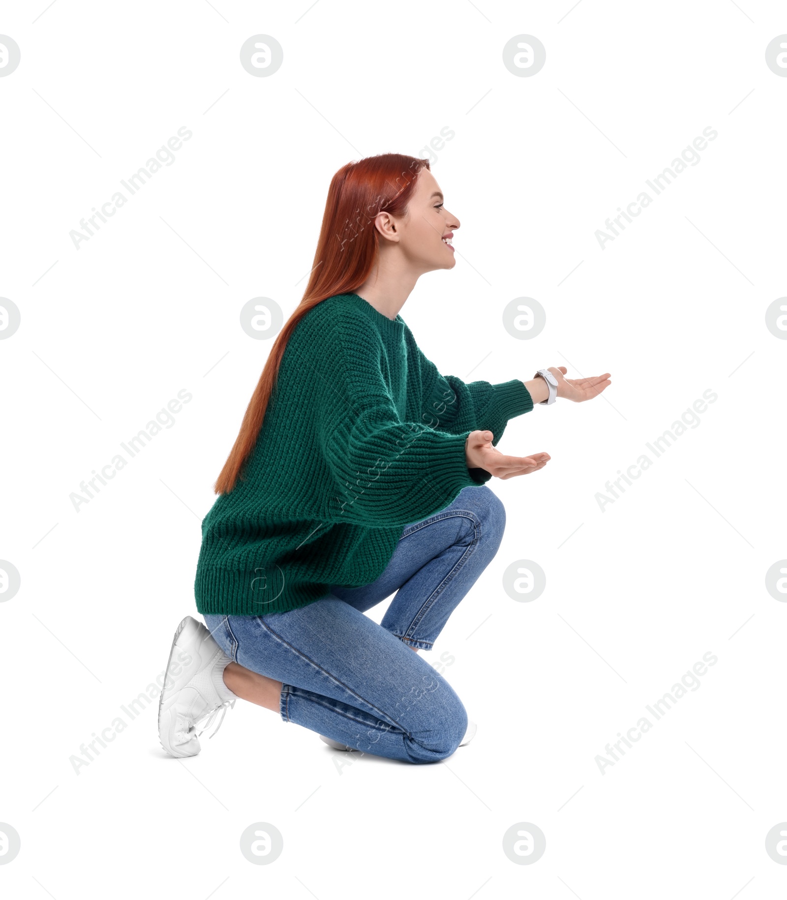 Photo of Portrait of happy woman posing on white background