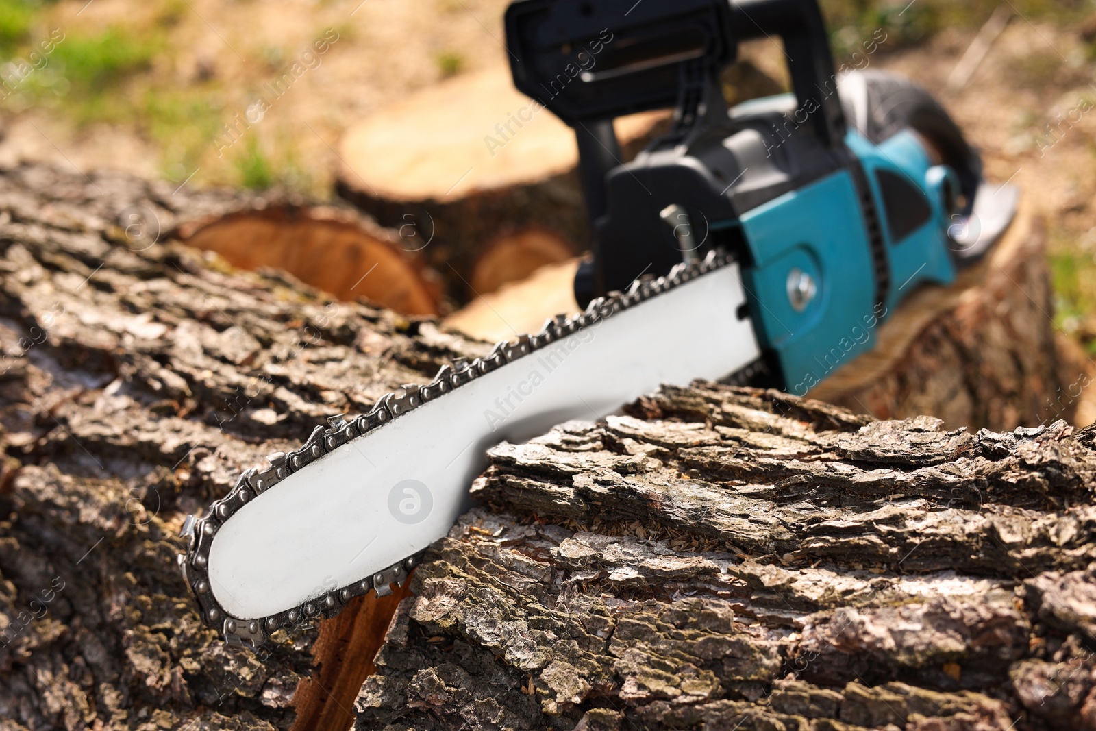 Photo of Modern electric saw and wooden log outdoors