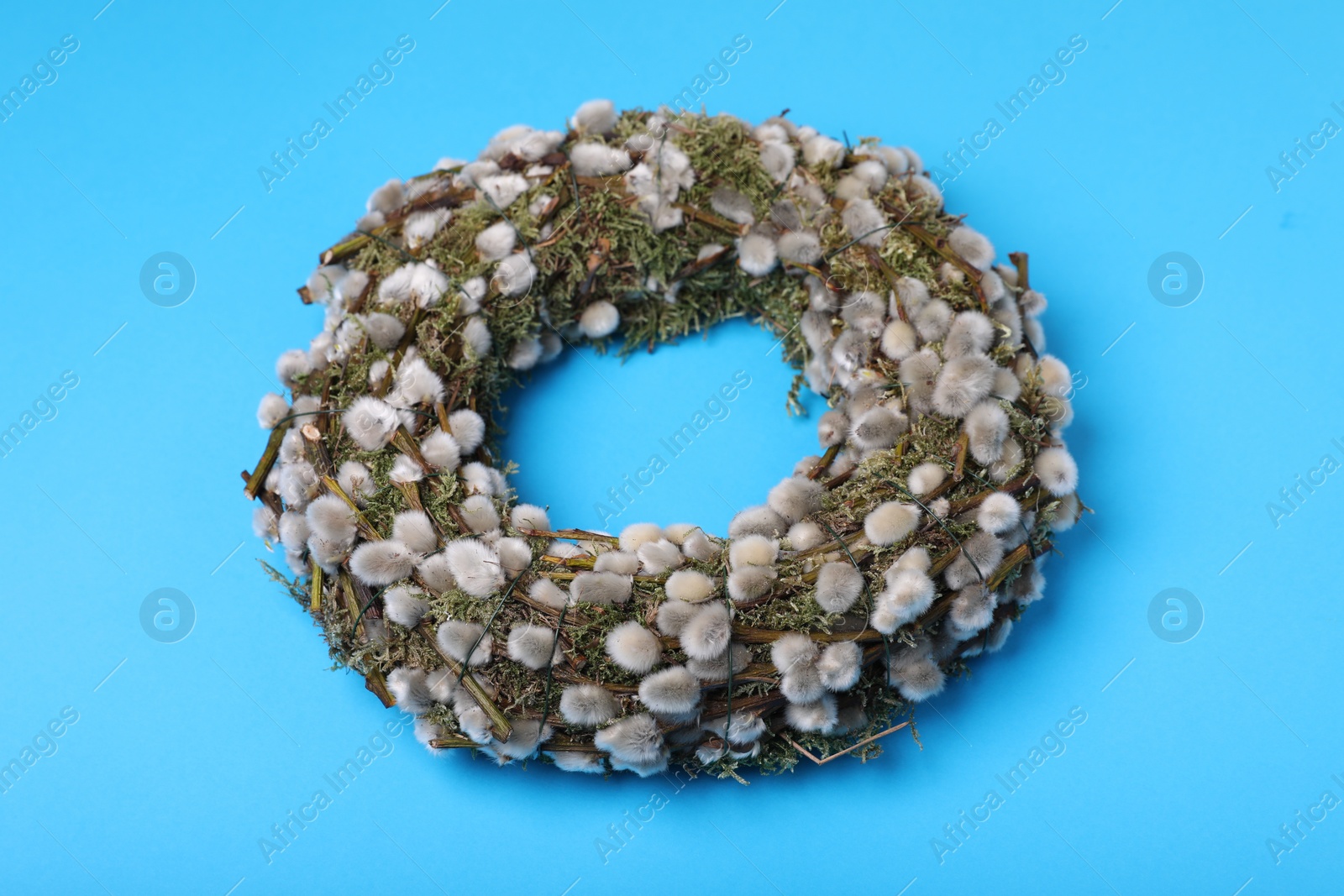 Photo of Wreath made of beautiful willow flowers on light blue background