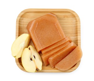 Delicious sweet quince paste and fresh fruit isolated on white, top view