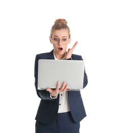 Photo of Portrait of emotional young businesswoman with laptop isolated on white