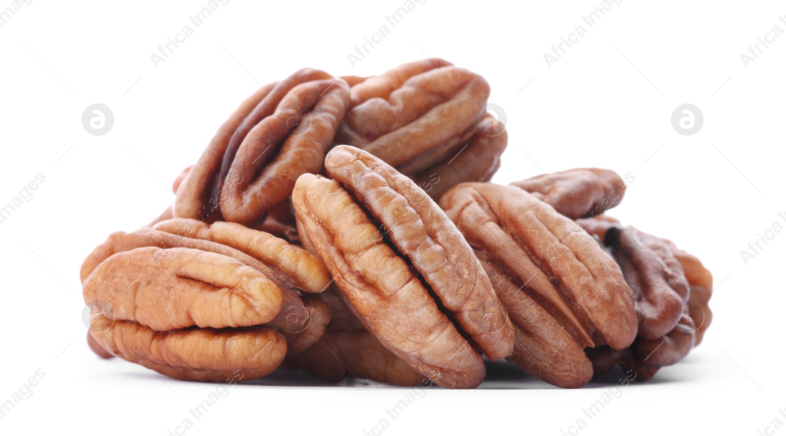 Photo of Heap of ripe shelled pecan nuts on white background