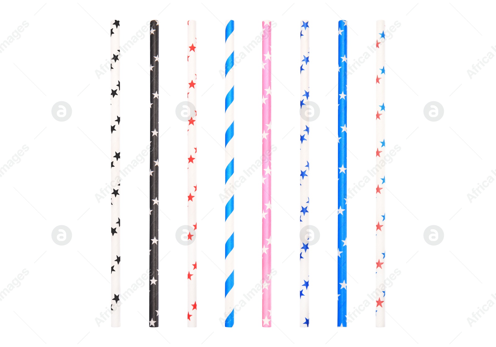 Image of Set of paper drinking straws with colorful stars and stripes on white background