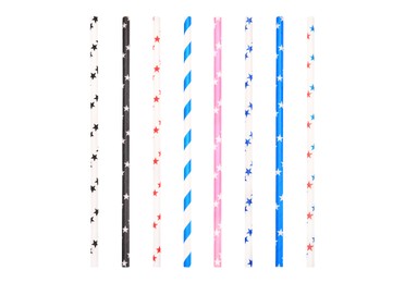 Image of Set of paper drinking straws with colorful stars and stripes on white background