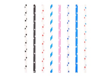 Set of paper drinking straws with colorful stars and stripes on white background