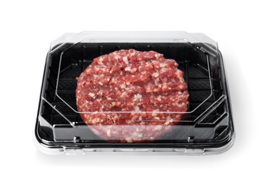 Plastic container with raw meat cutlet for burger isolated on white