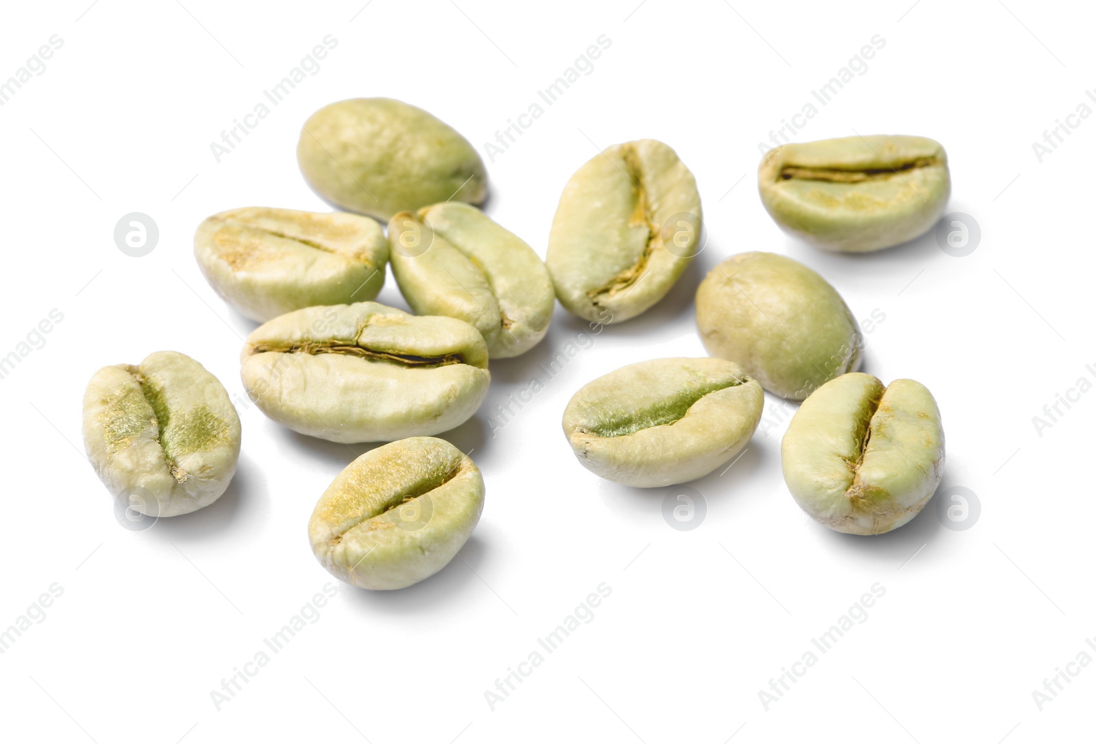 Photo of Robusta green coffee beans on white background