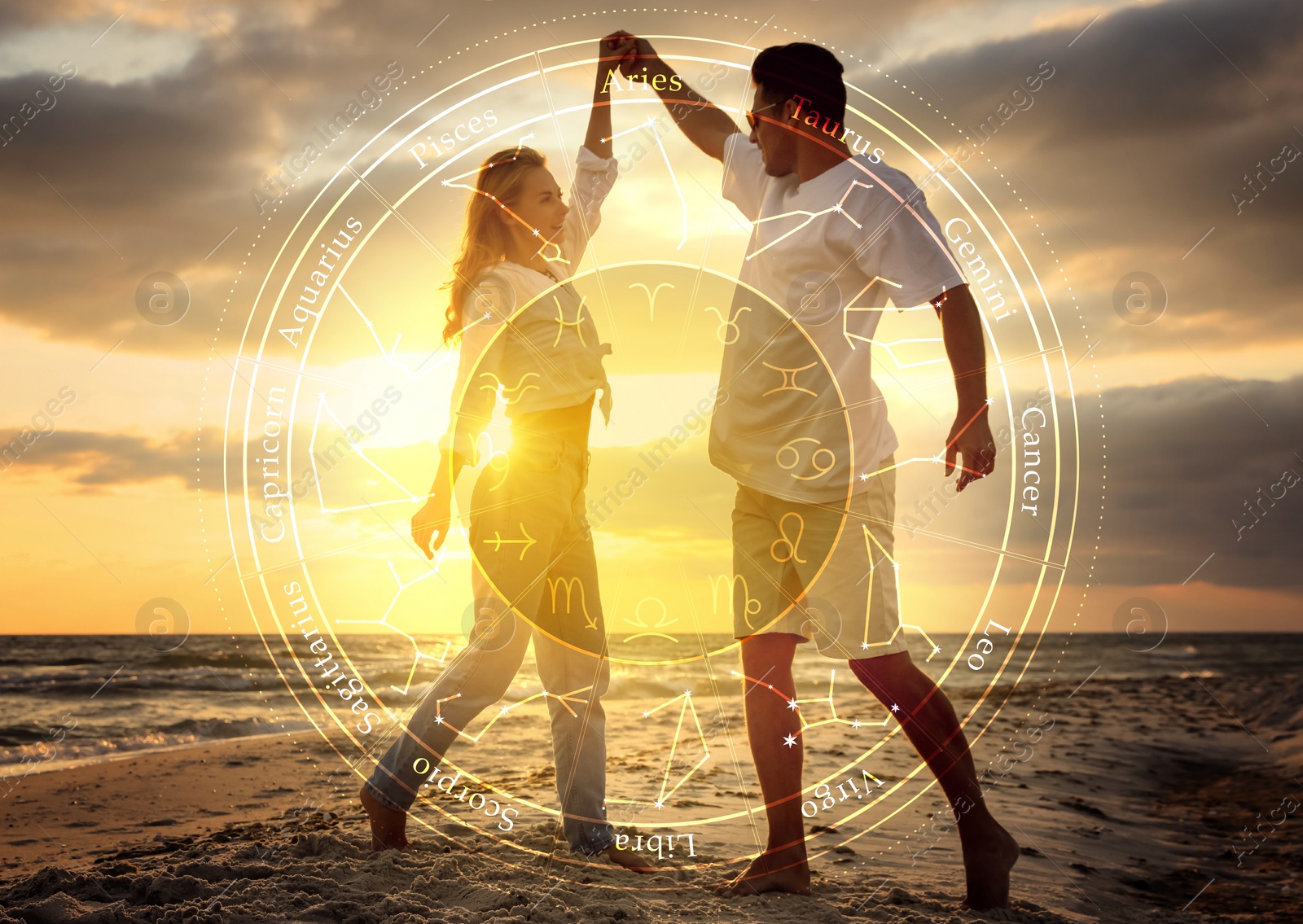 Image of Horoscope compatibility. Loving couple on beach at sunset and zodiac wheel