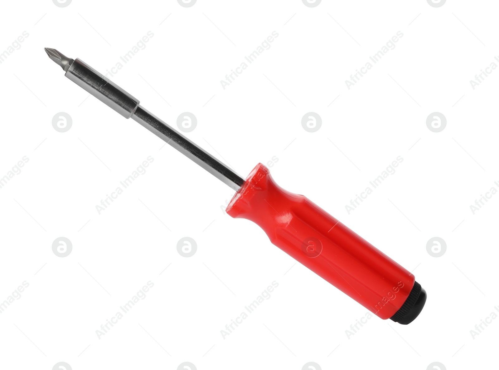 Photo of New screwdriver on white background. Professional construction tool