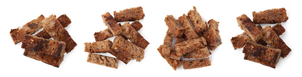 Piles of tasty rye croutons on white background, top view. Collage design