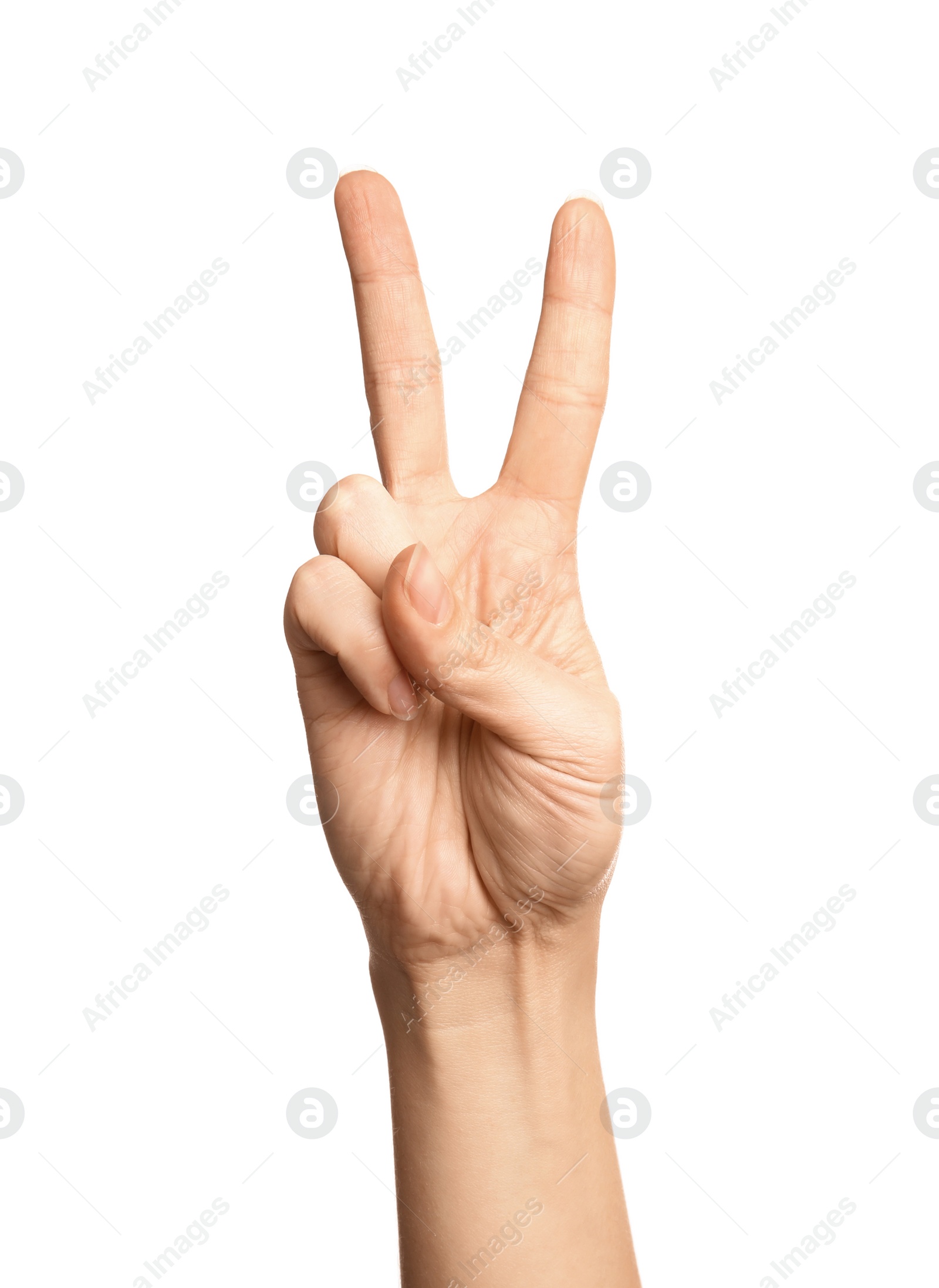 Photo of Woman showing number two on white background, closeup. Sign language