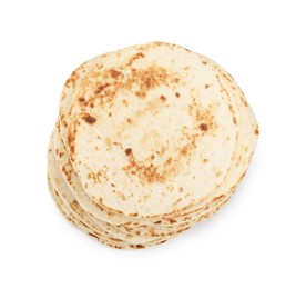 Photo of Many tasty homemade tortillas isolated on white, top view