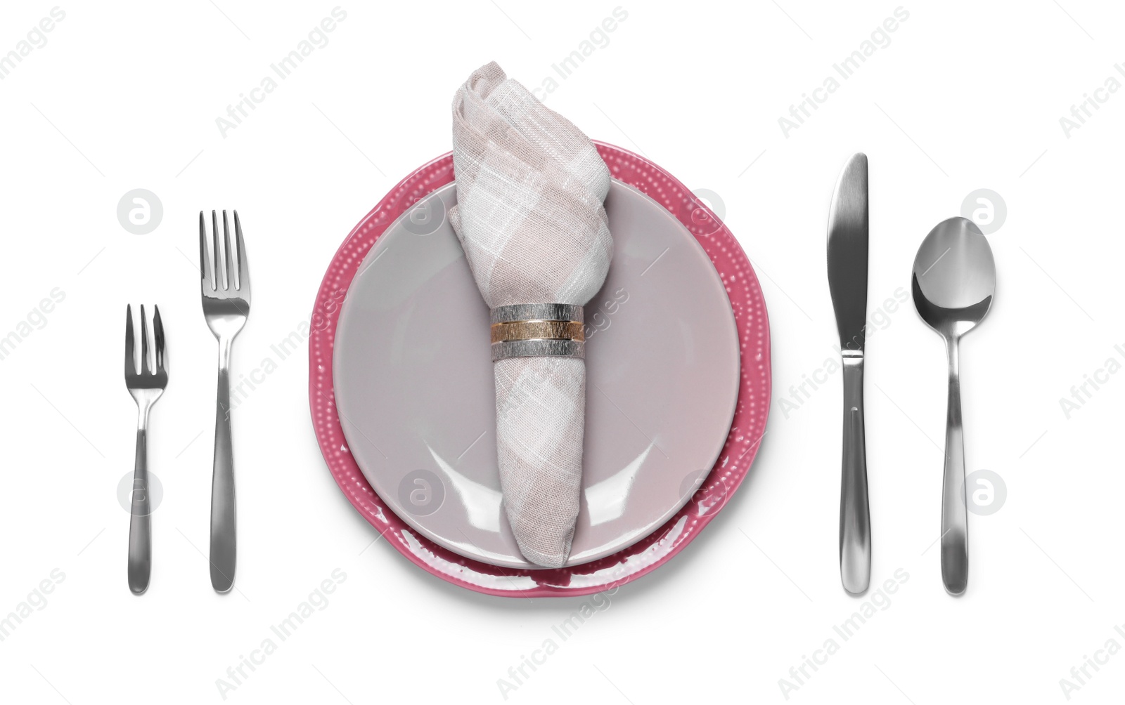 Photo of Beautiful table setting on white background, top view