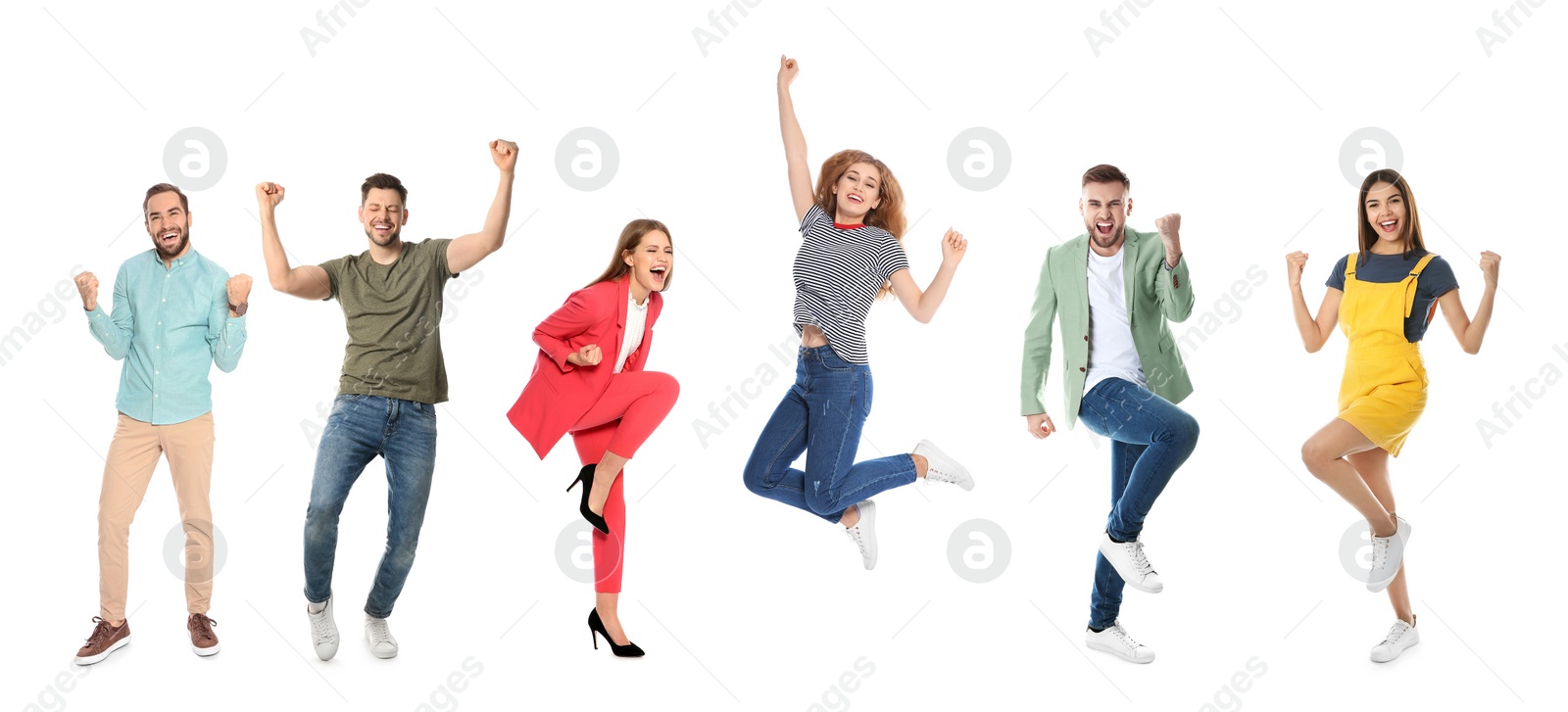 Image of Collage with photos of happy people celebrating victory on white background. Banner design