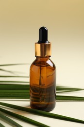 Bottle with cosmetic oil and green leaf on beige background