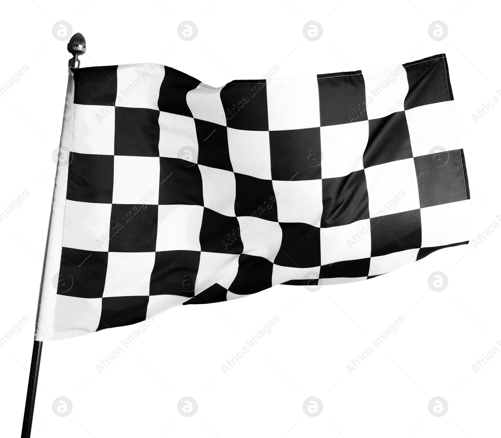 Photo of Checkered finish flag on white background. Auto racing symbol