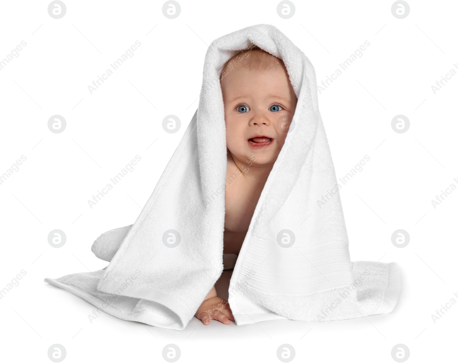 Photo of Cute little baby with soft towel on white background