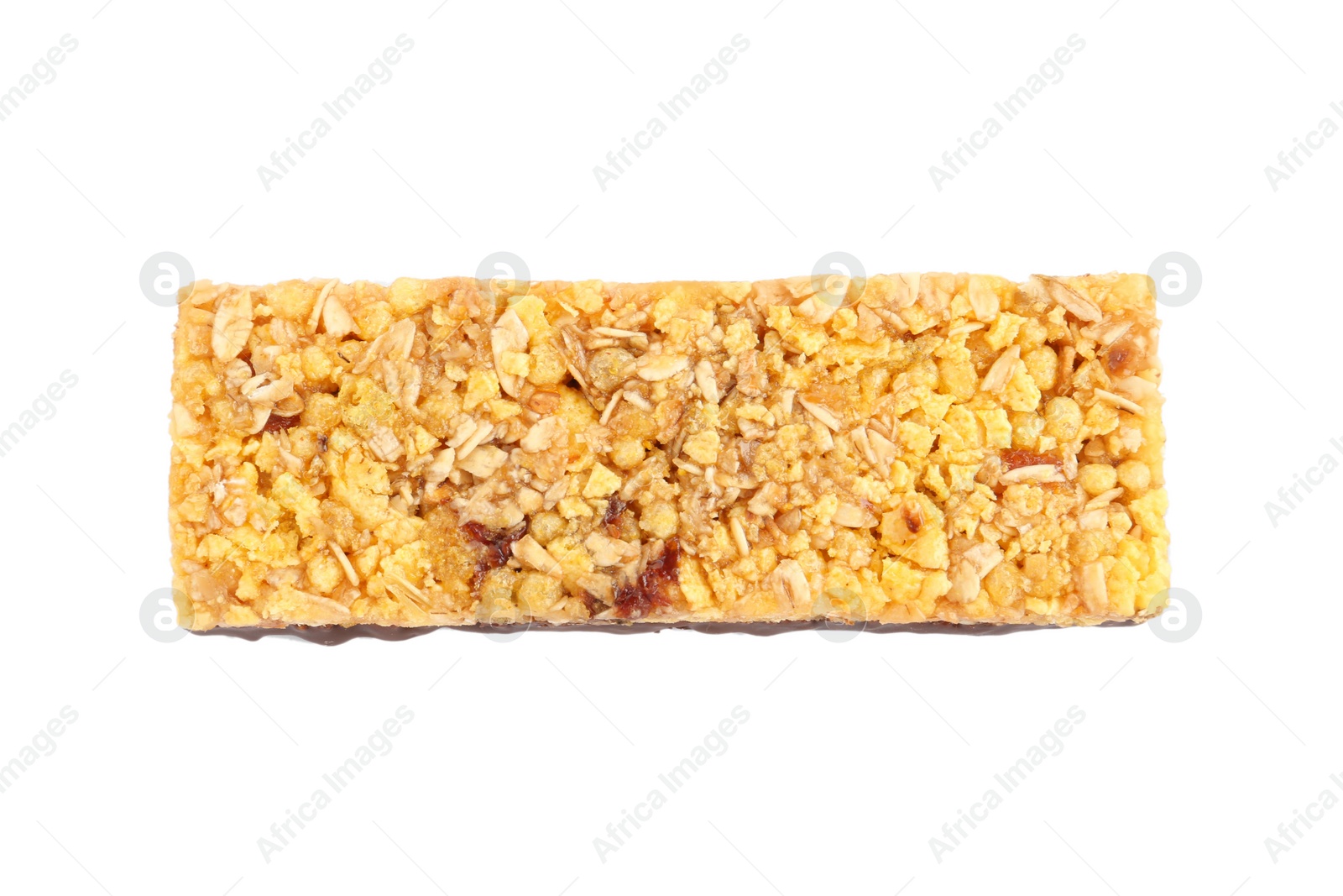 Photo of Protein bar with granola isolated on white, top view. Healthy snack