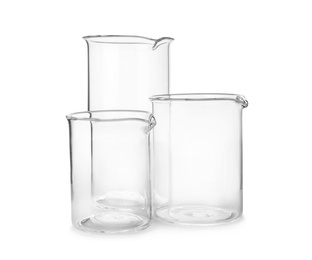 Photo of Empty beakers for laboratory analysis on white background