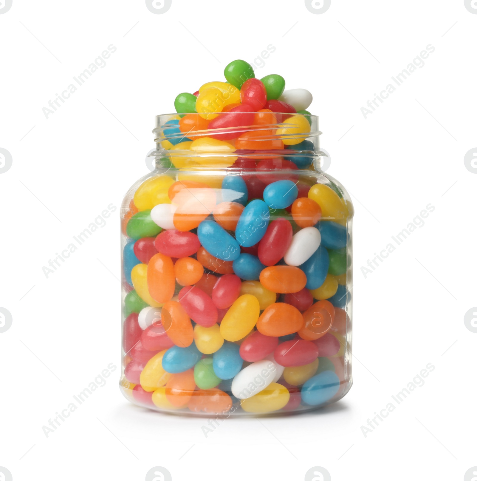 Photo of Glass jar of tasty bright jelly beans isolated on white