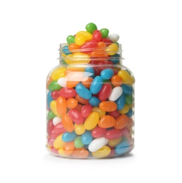 Photo of Glass jar of tasty bright jelly beans isolated on white