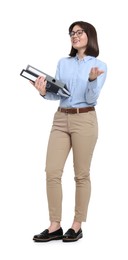 Happy businesswoman woman with folders on white background