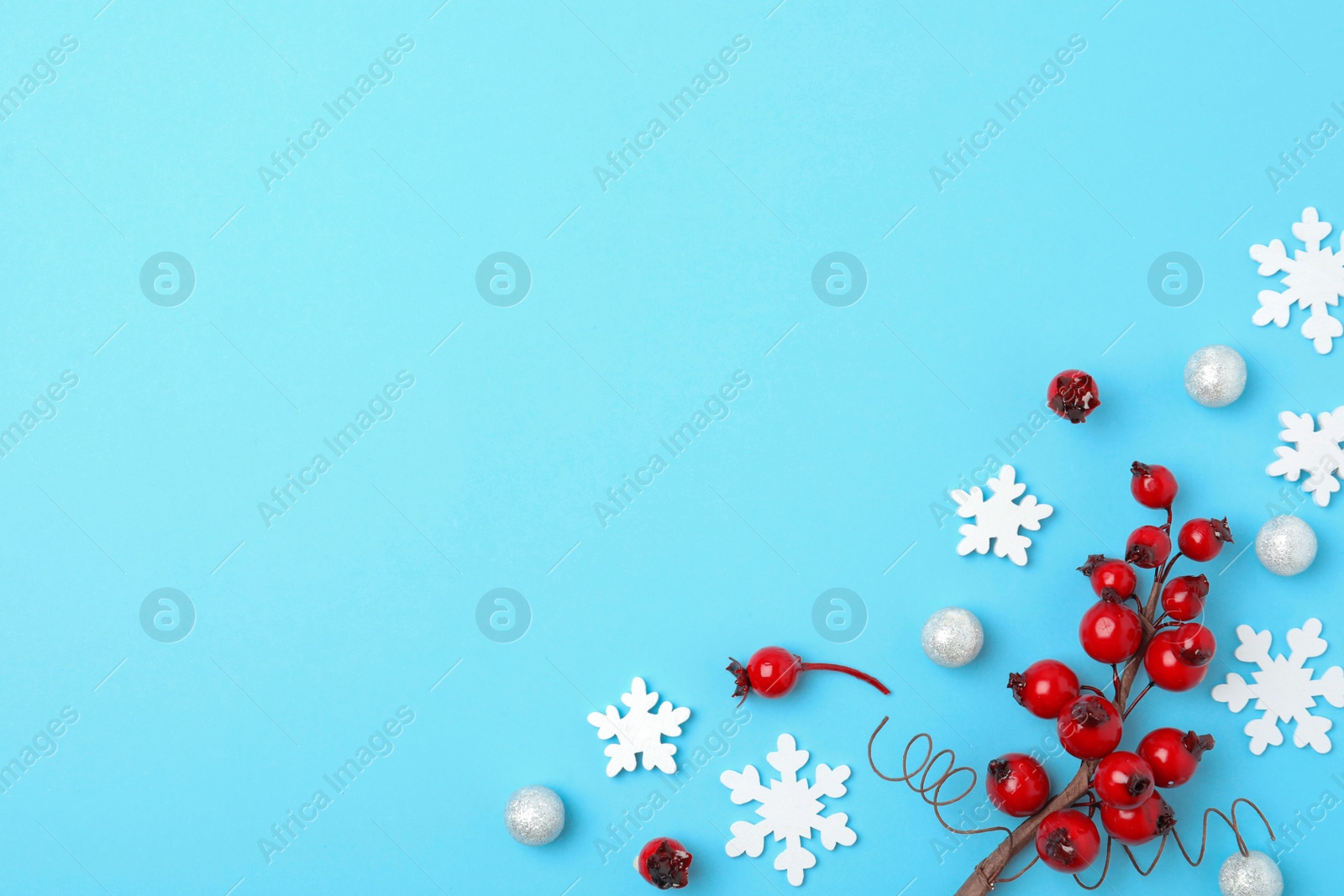 Photo of Winter composition with decorative branches on light blue background, flat lay. Space for text