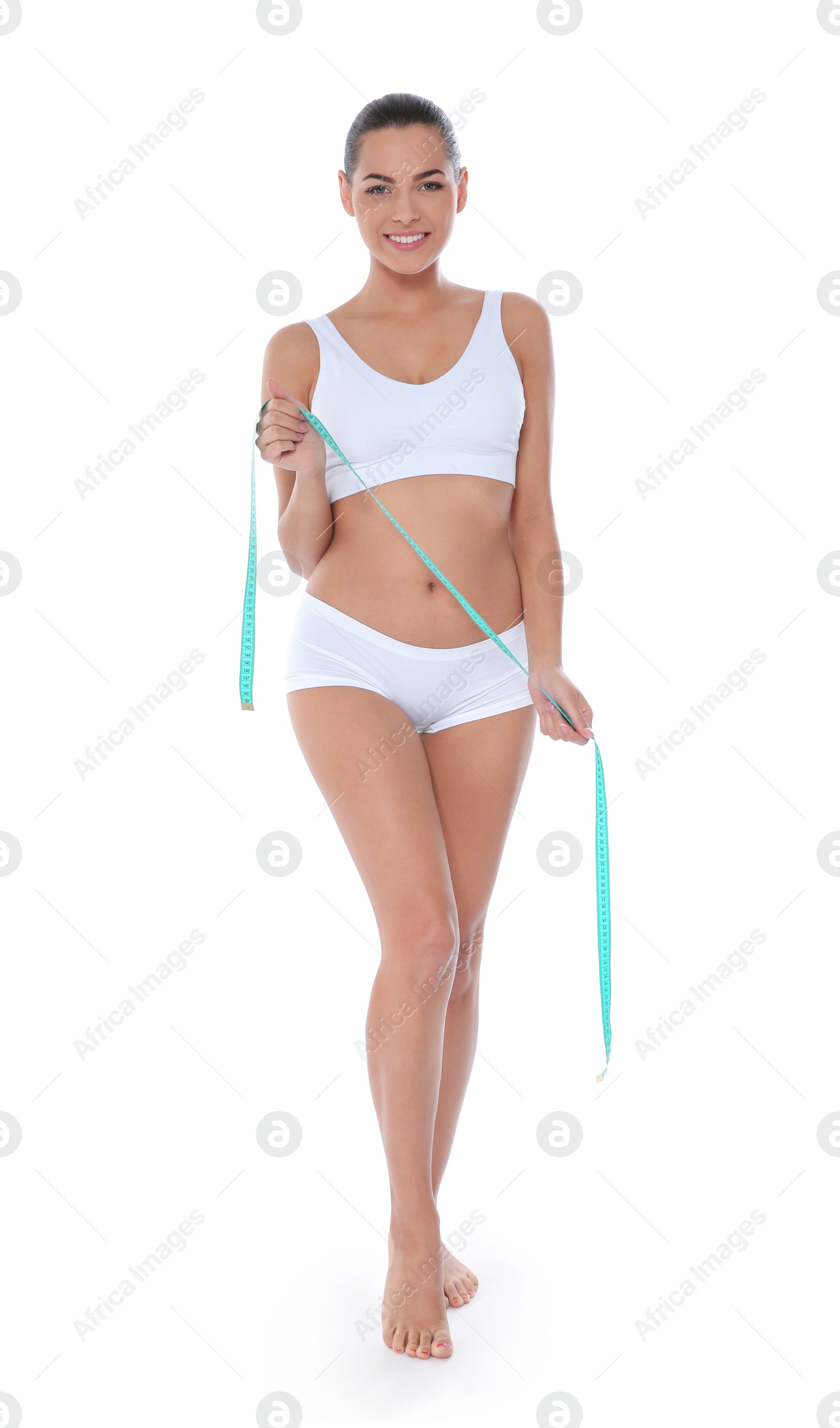 Photo of Slim woman with measuring tape on white background. Weight loss