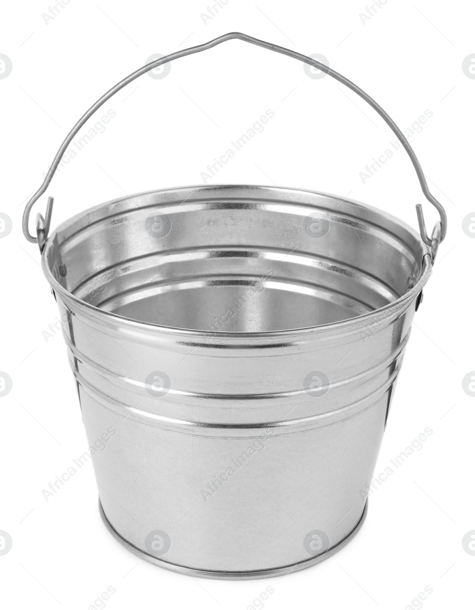 Photo of One shiny metal bucket isolated on white