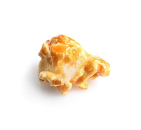 Delicious popcorn with caramel on white background