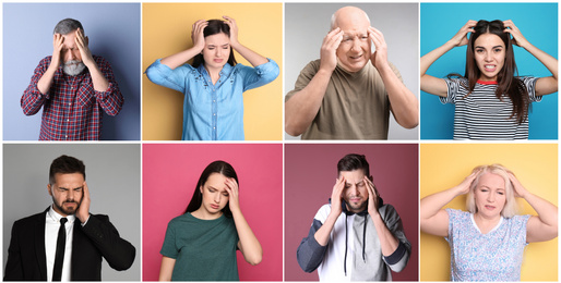 Image of Collage with stressed people on different color backgrounds. Banner design