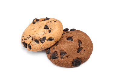 Delicious chocolate chip cookies on white background