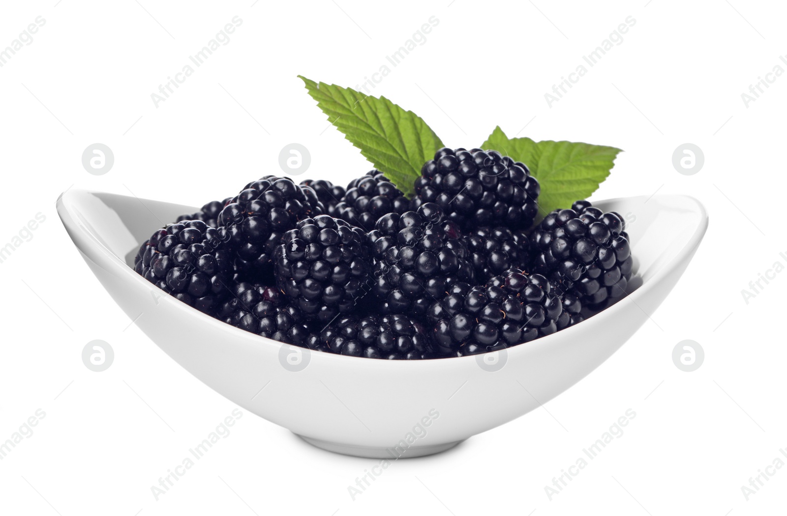 Photo of Ceramic bowl of tasty ripe blackberries and leaves on white background