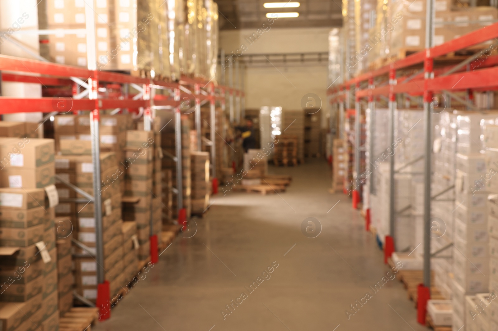 Image of Warehouse with lots of products, blurred view. Wholesale business