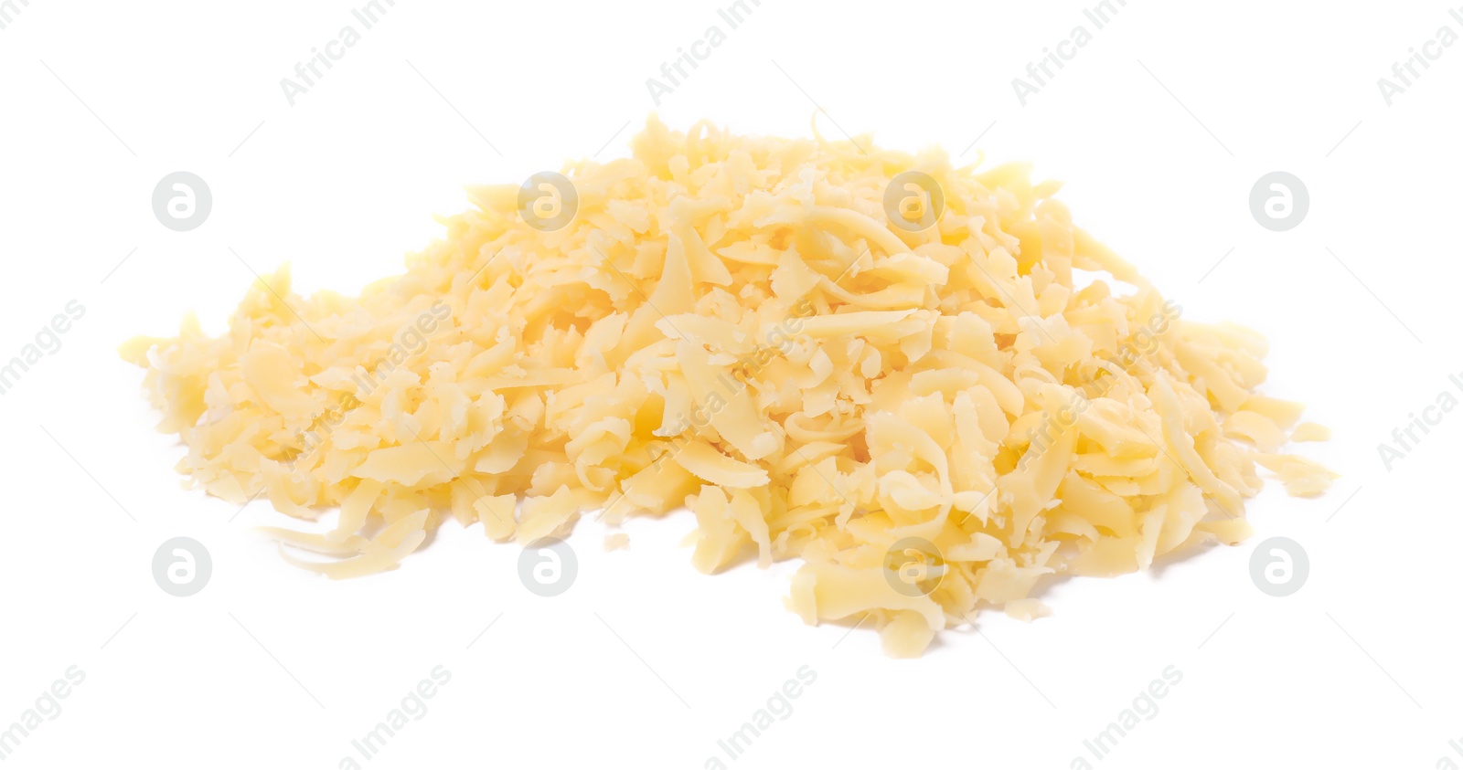 Photo of Pile of tasty grated cheese isolated on white