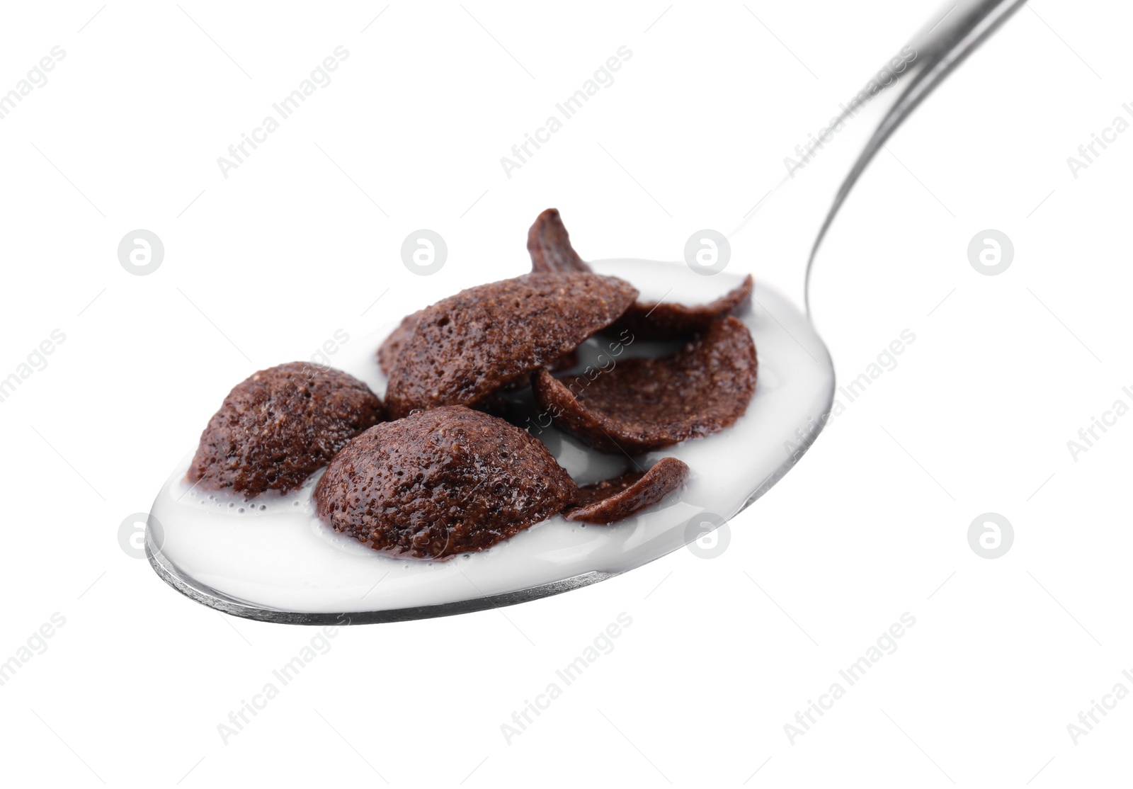 Photo of Breakfast cereal. Chocolate corn flakes and milk in spoon isolated on white