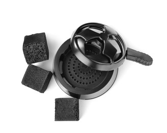 Photo of Empty hookah holder and charcoal cubes on white background, top view