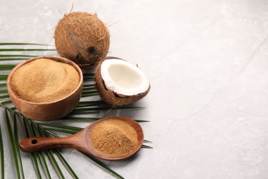 Photo of Spoon with coconut sugar, palm leaves, bowl and fruit on light marble table, closeup. Space for text