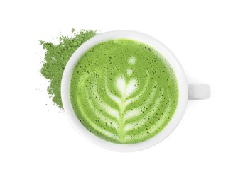 Delicious matcha latte in cup and powder on white background, top view