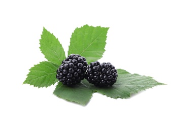 Photo of Tasty ripe blackberries with green leaves on white background