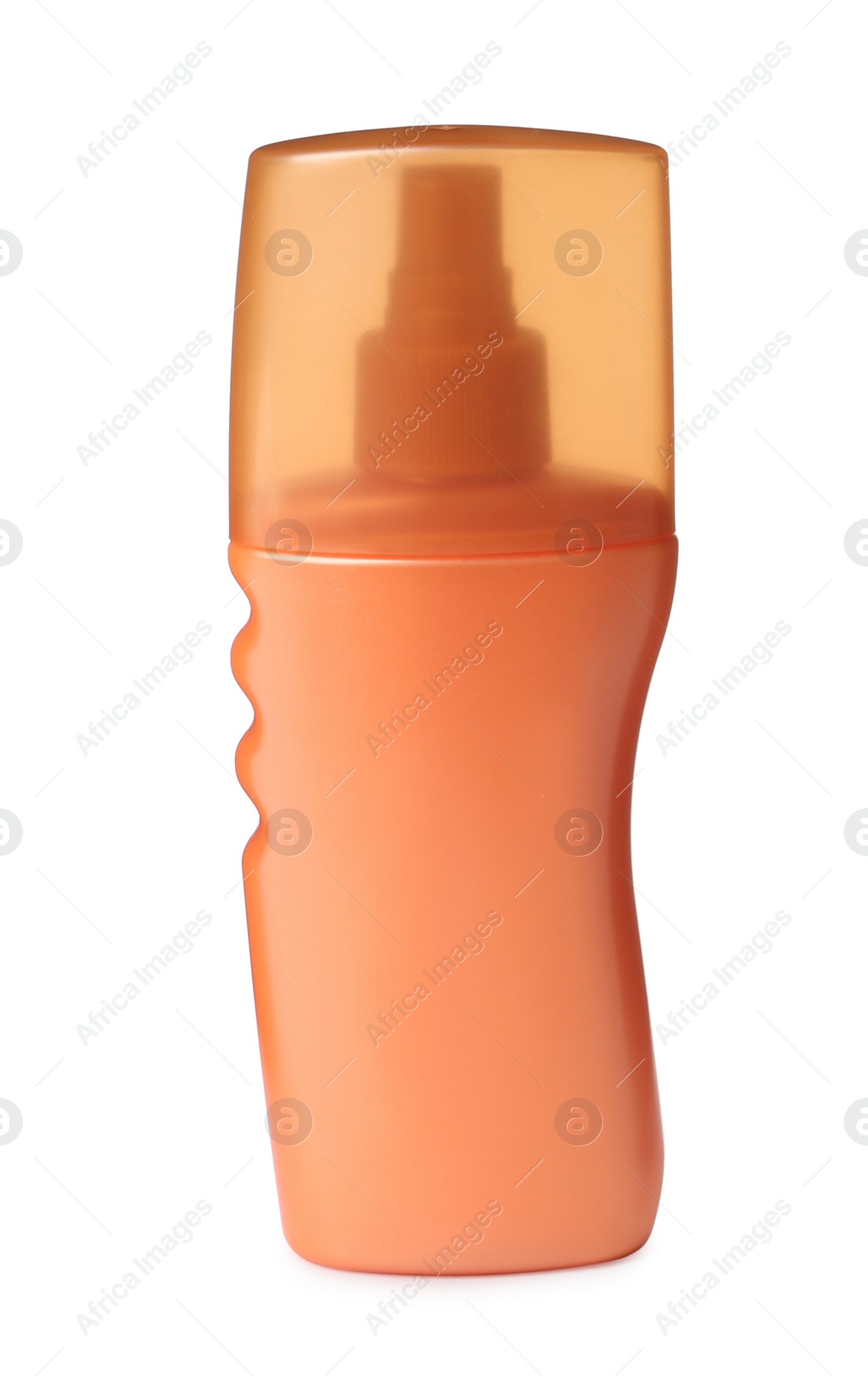 Photo of Orange plastic bottle of cosmetic product isolated on white