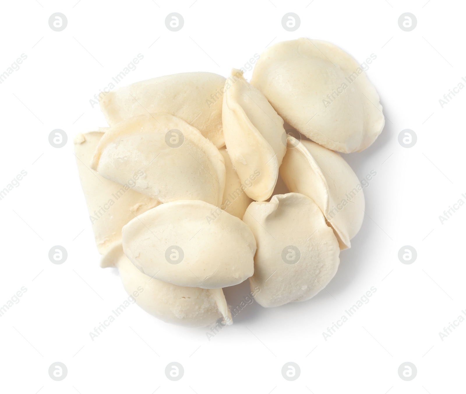 Photo of Pile of raw dumplings on white background, top view