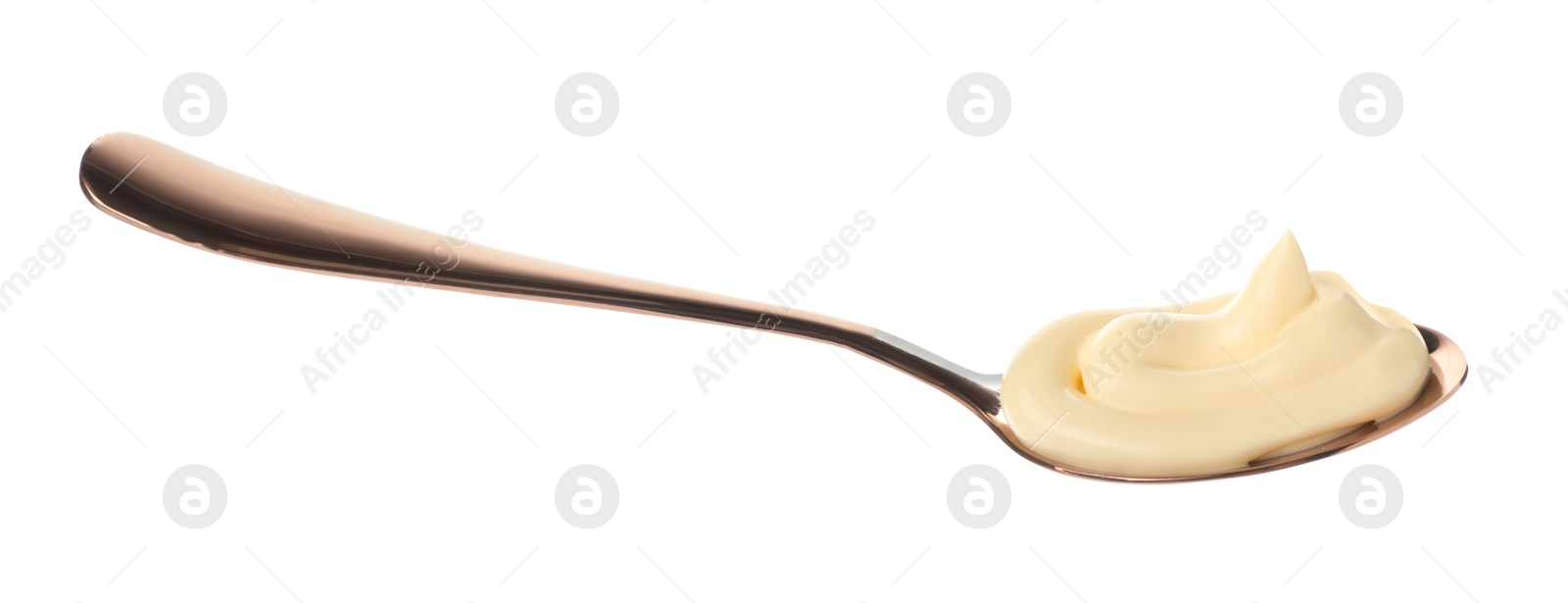 Photo of Spoon with tasty mayonnaise isolated on white