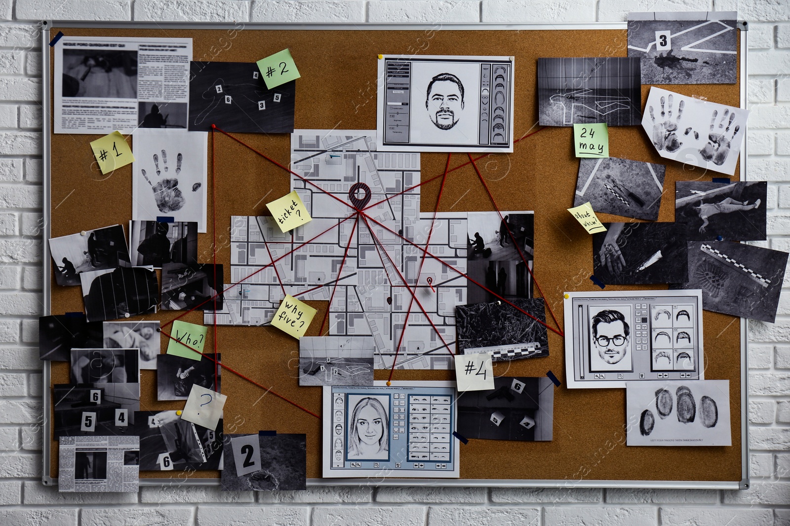 Photo of Detective board with fingerprints, photos, map and clues connected by red string on white brick wall