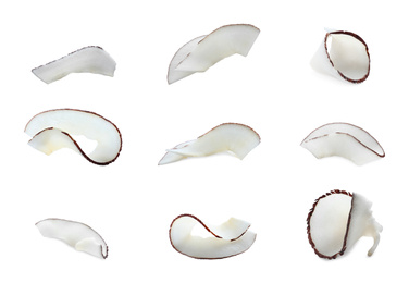 Set with fresh coconut flakes isolated on white