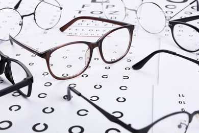 Photo of Vision test charts and glasses on table