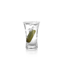Photo of Russian vodka with pickle in shot glass isolated on white