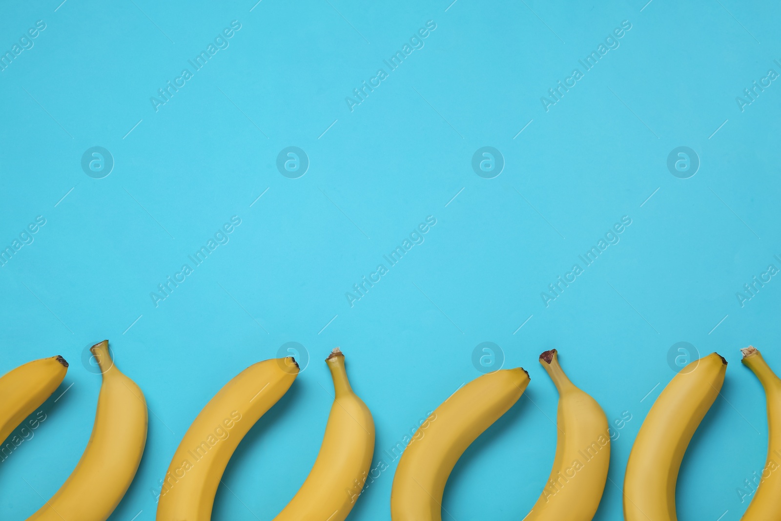 Photo of Ripe yellow bananas on turquoise background, flat lay. Space for text