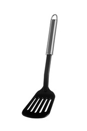 Photo of One black spatula with metal handle isolated on white