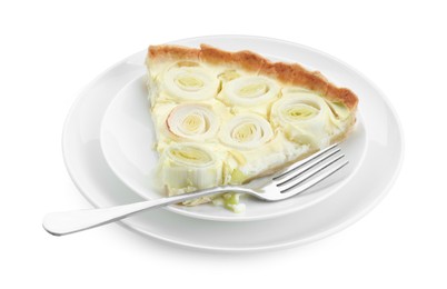 Photo of Plates with piece of tasty leek pie and fork isolated on white